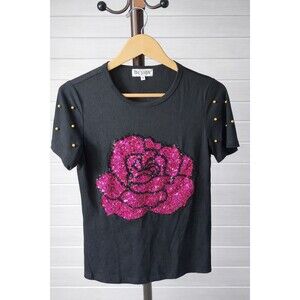 Pesion Black Pink Sequin Rose Short Sleeve T-Shirt Small